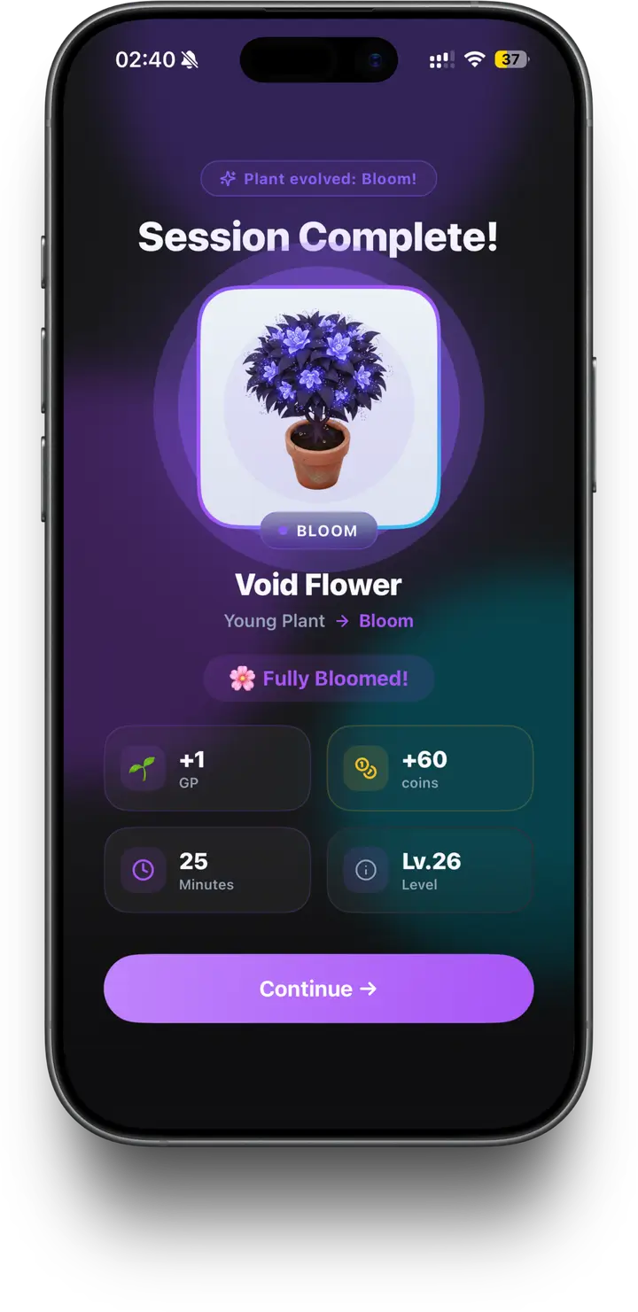 Focus Aura — session completion screen with rewards